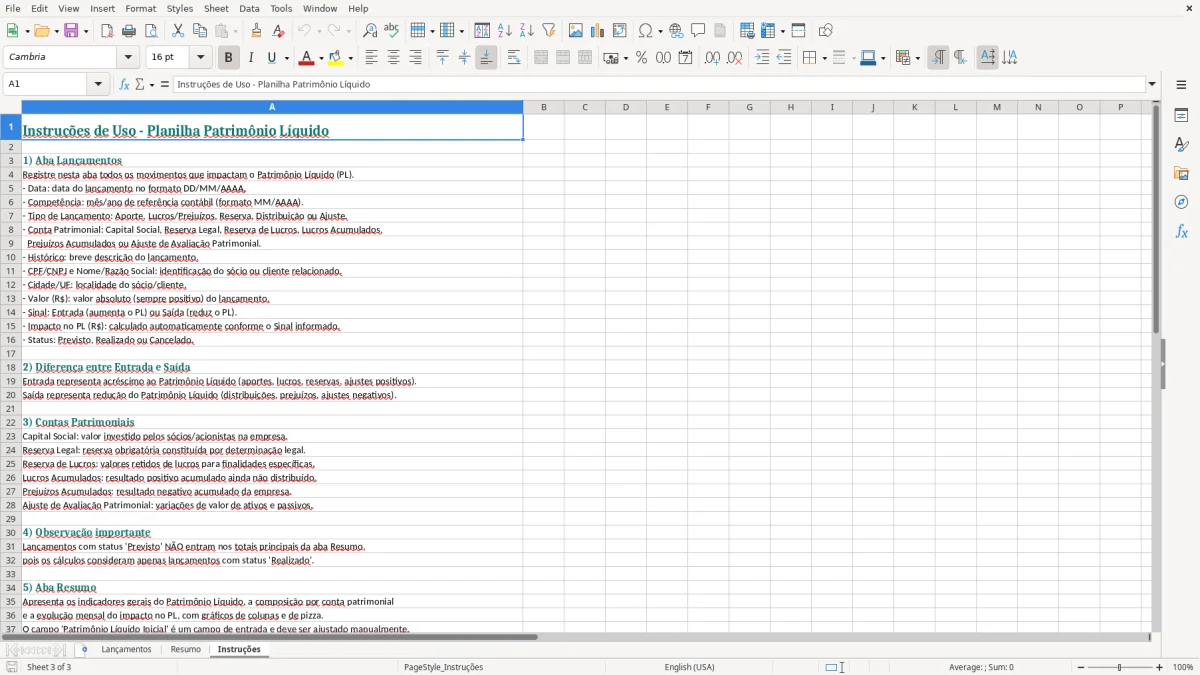 Captura de tela 3: Aba Instruções - Planilha Excel planilha patrimonio liquido