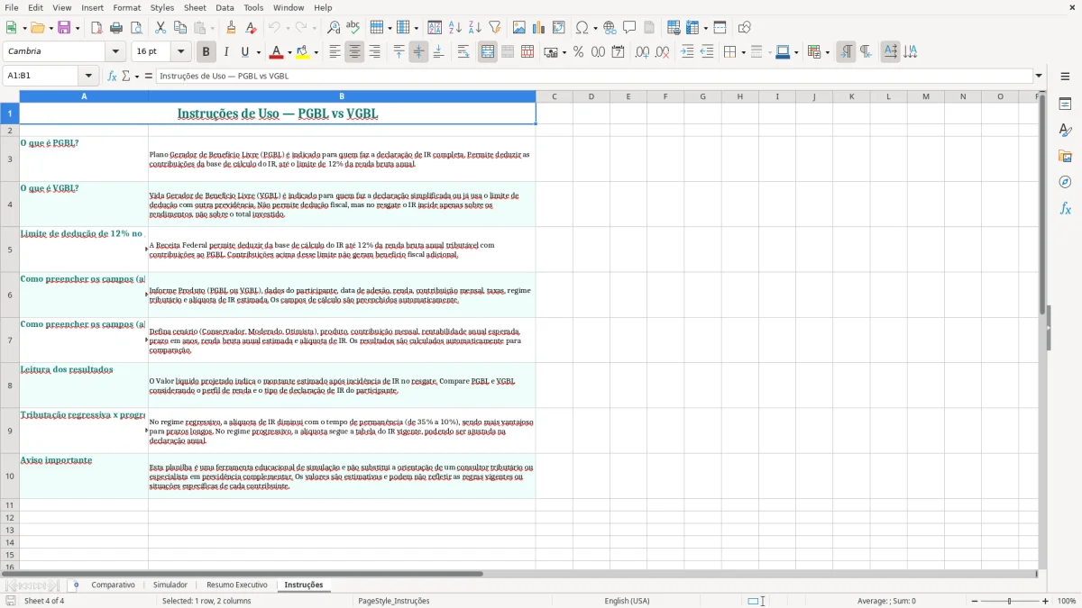 Captura de tela 4: Aba Instruções - Planilha Excel planilha pgbl vs vgbl