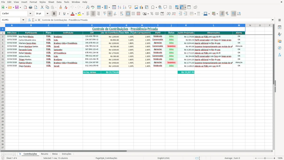 Captura de tela 1: Aba Contribuições - Planilha Excel planilha previdencia privada