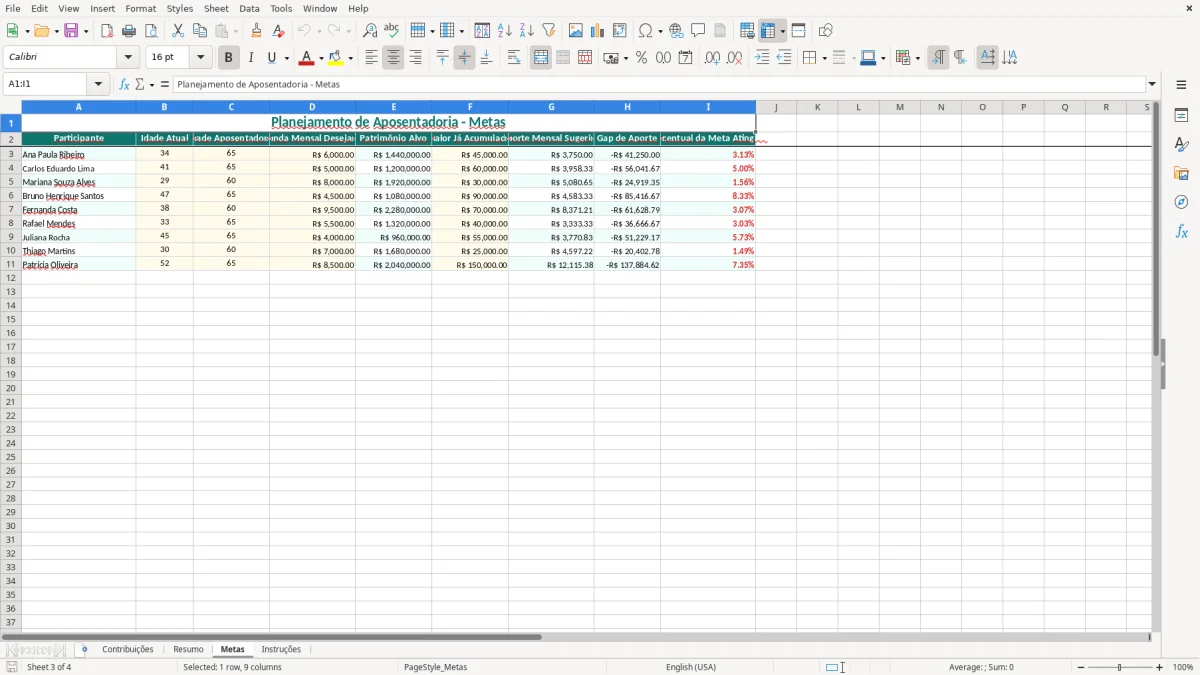 Captura de tela 3: Aba Metas - Planilha Excel planilha previdencia privada