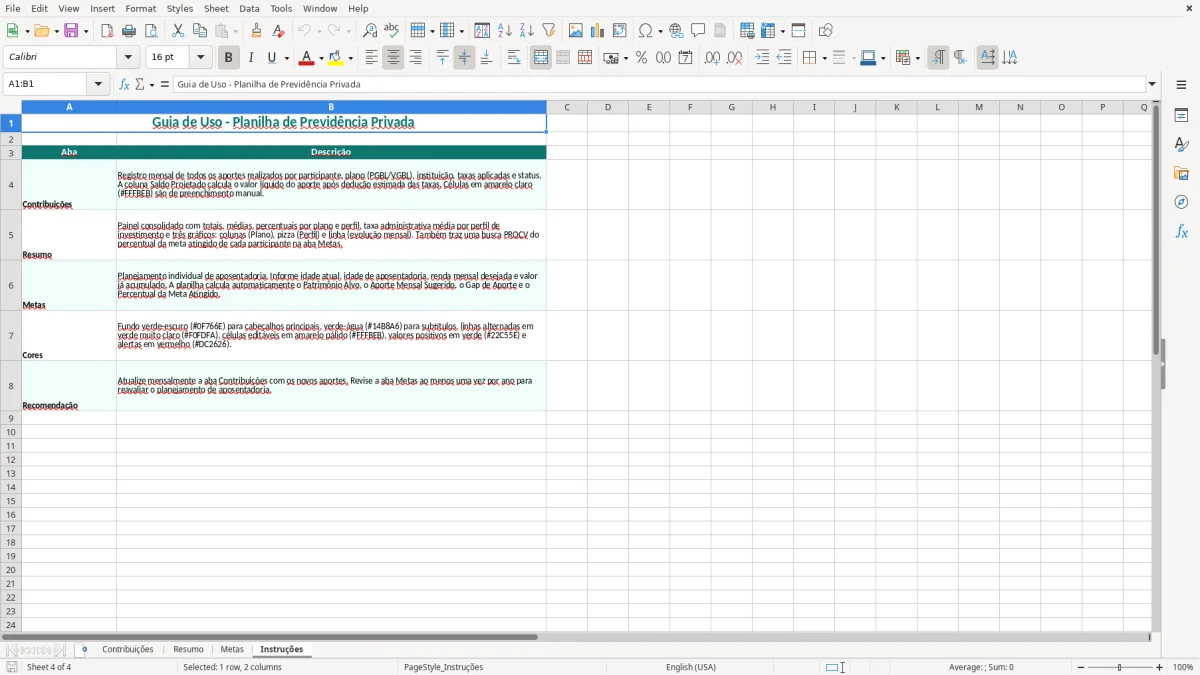 Captura de tela 4: Aba Instruções - Planilha Excel planilha previdencia privada