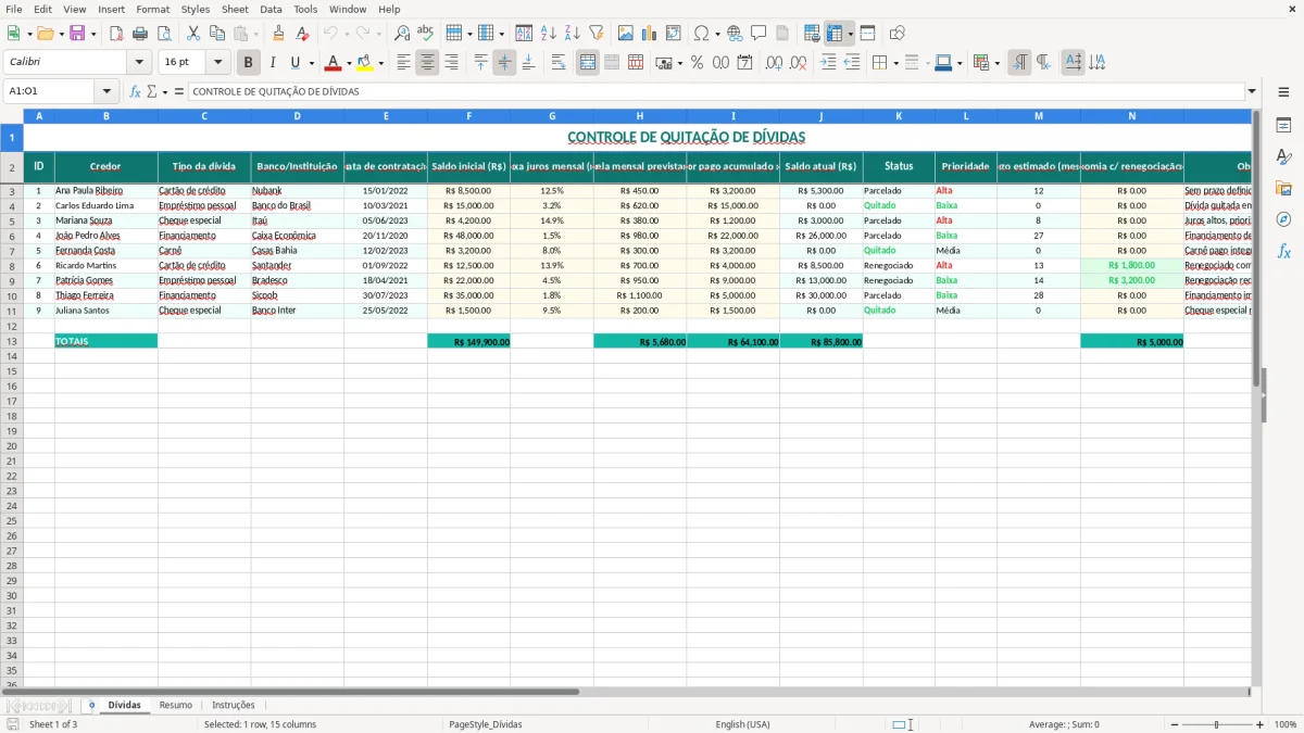 Captura de tela 1: Aba Dívidas - Planilha Excel planilha quitar dividas