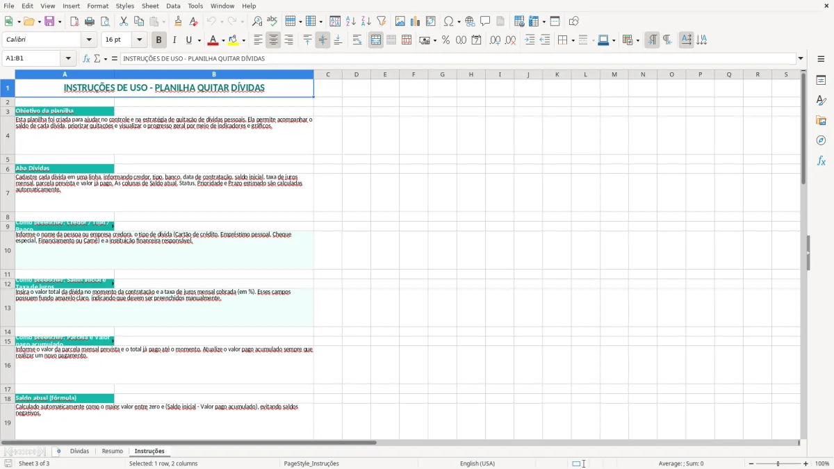 Captura de tela 3: Aba Instruções - Planilha Excel planilha quitar dividas