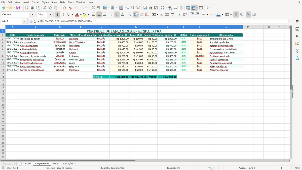 Captura de tela 2: Aba Lançamentos - Planilha Excel planilha renda extra