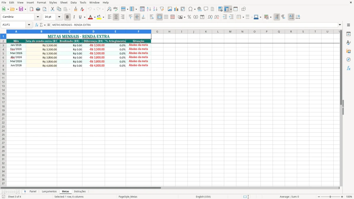 Captura de tela 3: Aba Metas - Planilha Excel planilha renda extra