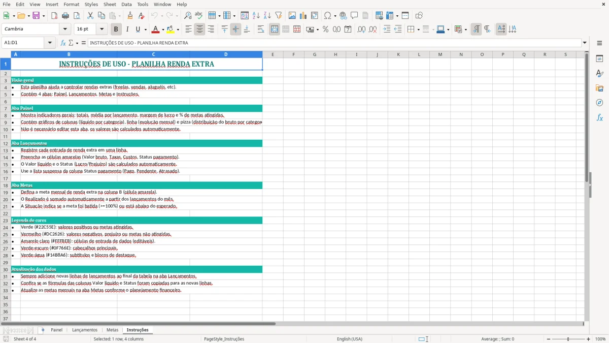 Captura de tela 4: Aba Instruções - Planilha Excel planilha renda extra