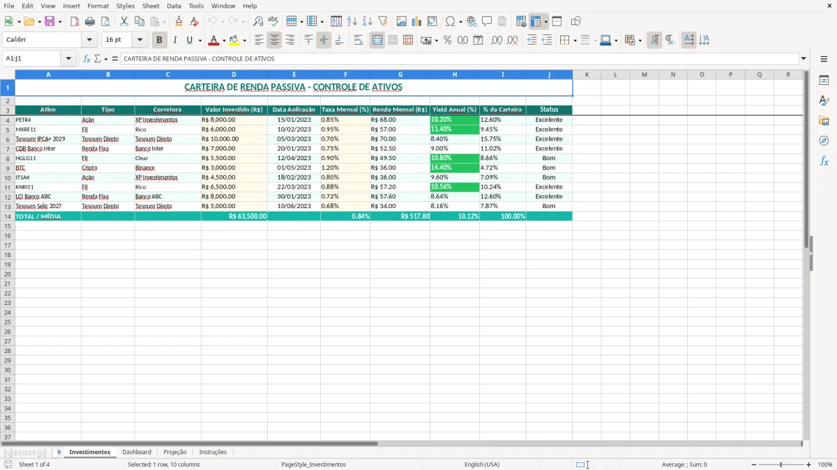Captura de tela 1: Aba Investimentos - Planilha Excel planilha renda passiva