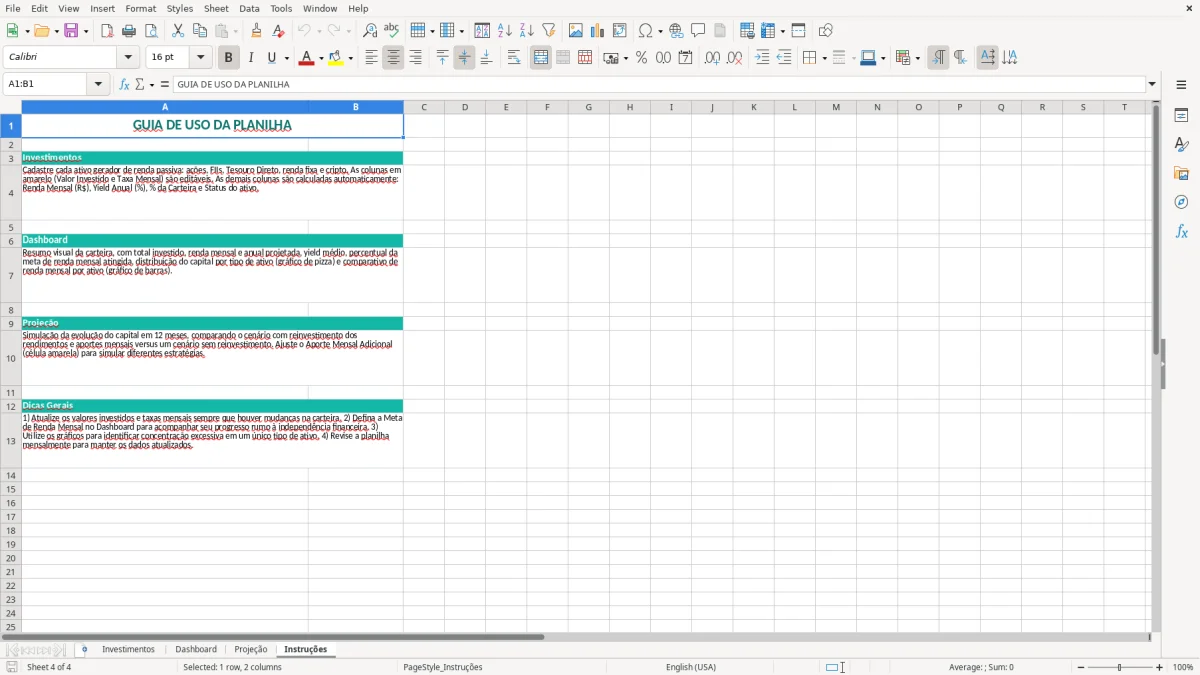 Captura de tela 4: Aba Instruções - Planilha Excel planilha renda passiva