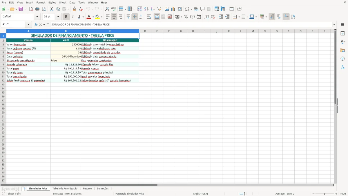 Captura de tela 1: Aba Simulador Price - Planilha Excel planilha tabela price