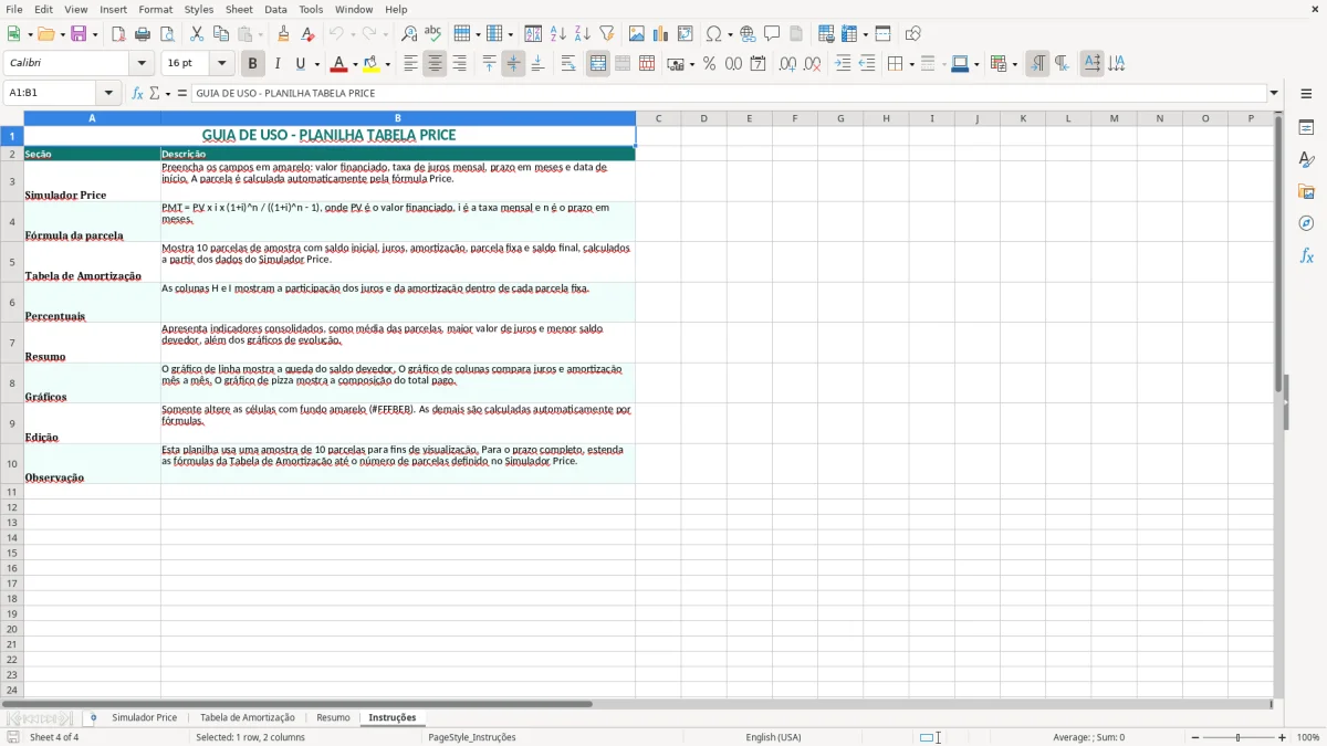 Captura de tela 4: Aba Instruções - Planilha Excel planilha tabela price