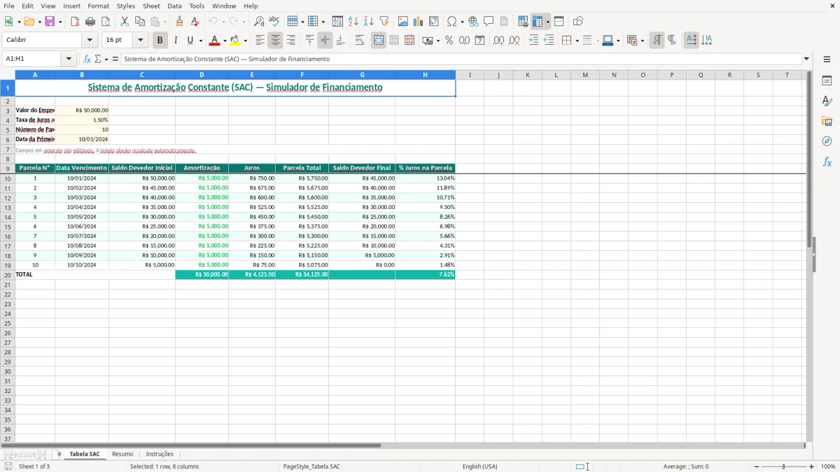 Captura de tela 1: Aba Tabela SAC - Planilha Excel planilha tabela sac