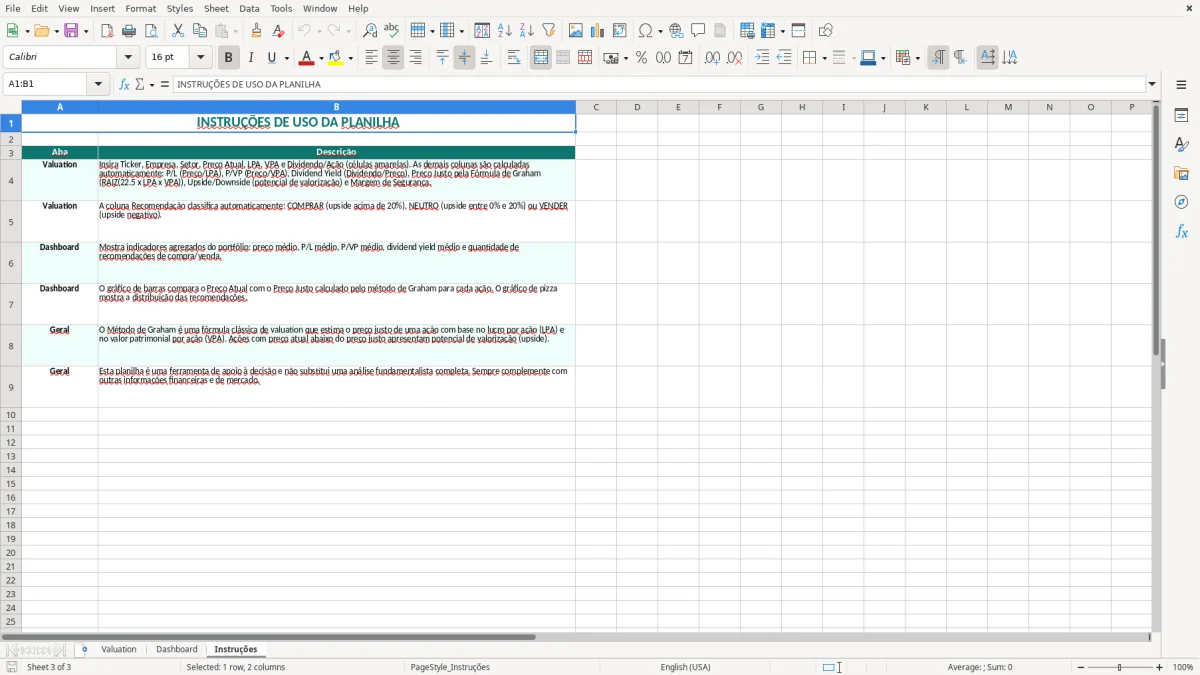 Captura de tela 3: Aba Instruções - Planilha Excel planilha valuation de acoes