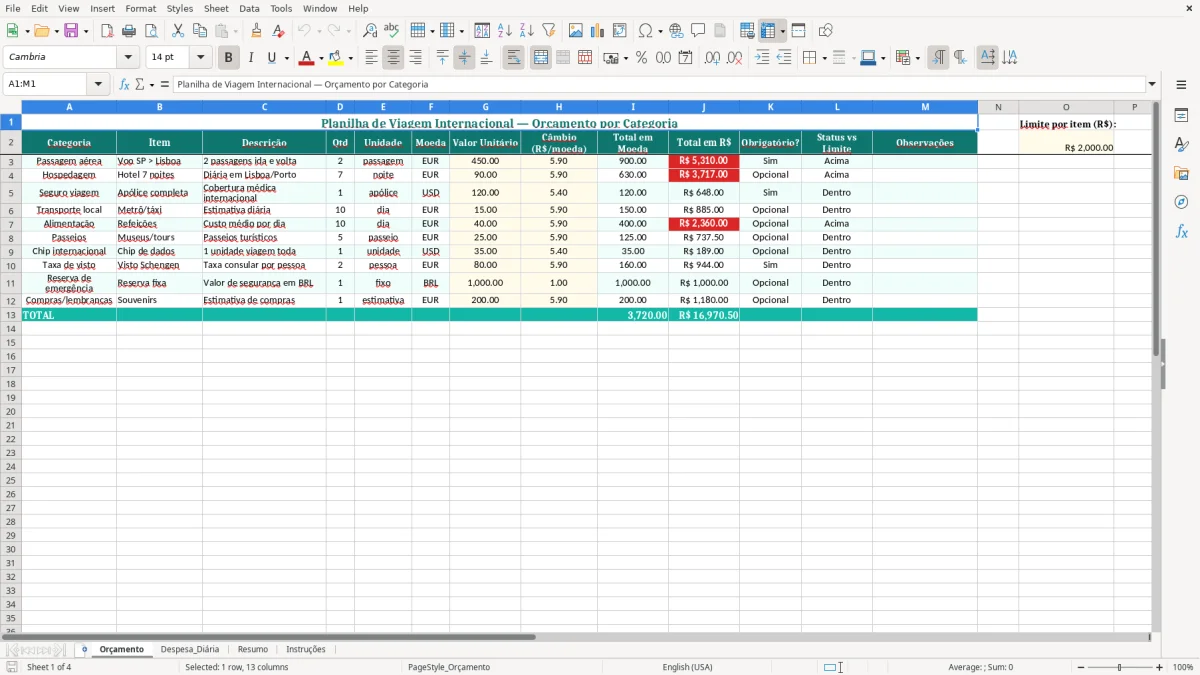 Captura de tela 1: Aba Orçamento - Planilha Excel planilha viagem internacional orcamento