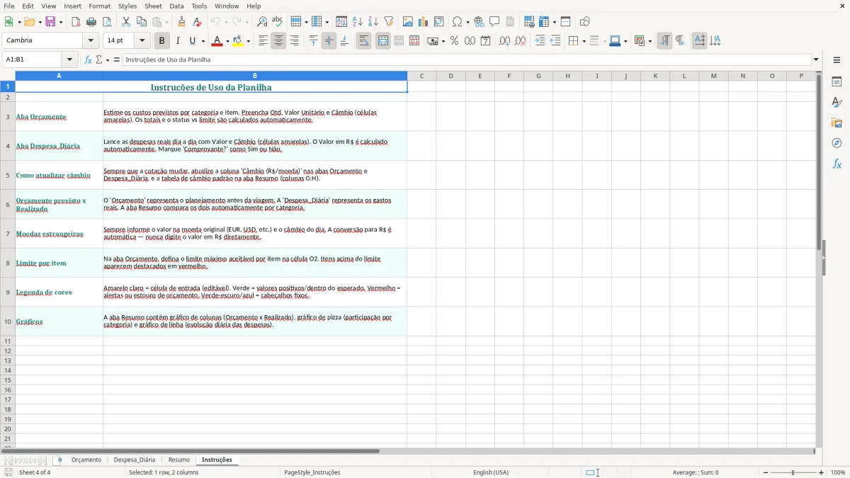 Captura de tela 4: Aba Instruções - Planilha Excel planilha viagem internacional orcamento