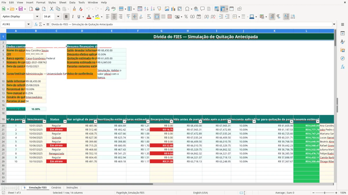 Captura de tela 1: Aba Simulação FIES - Planilha Excel Dívida do FIES Quitação Antecipada Excel