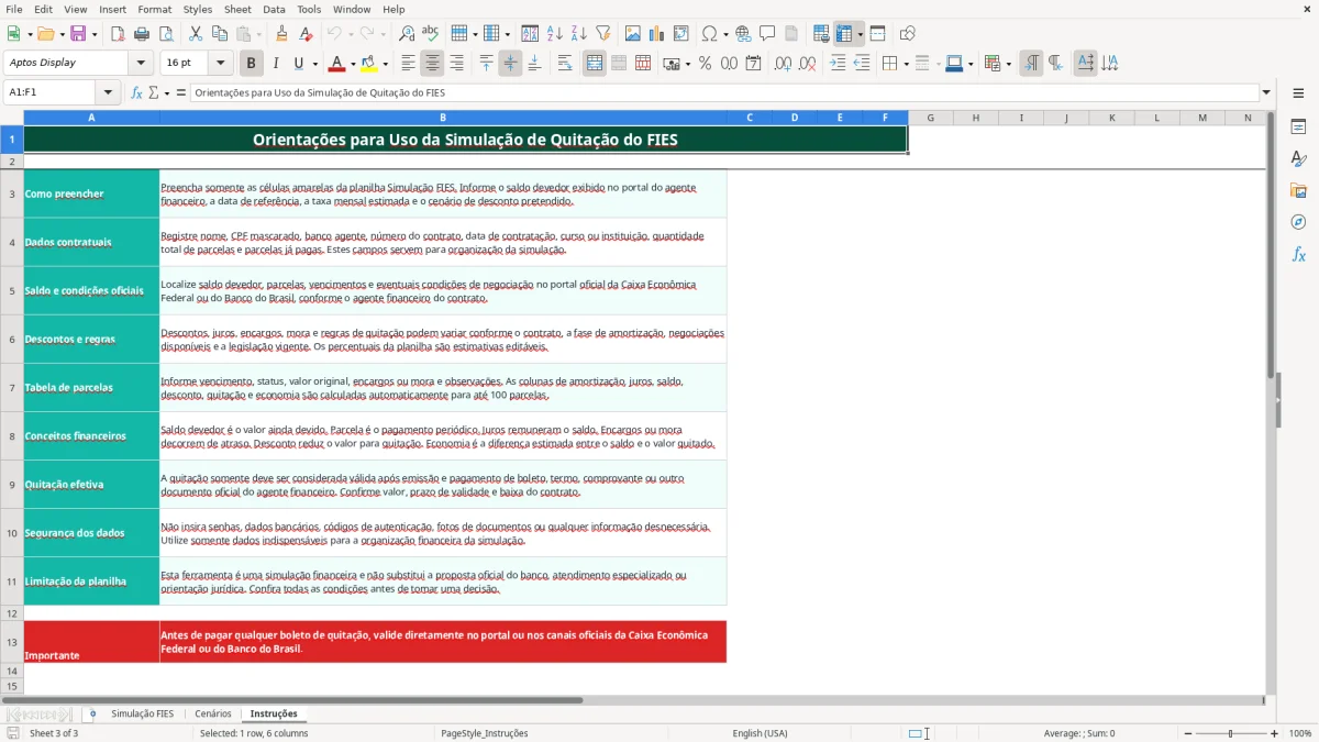 Captura de tela 3: Aba Instruções - Planilha Excel Dívida do FIES Quitação Antecipada Excel
