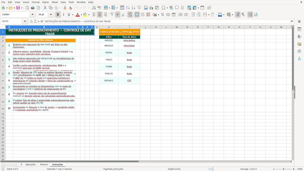 Captura de tela 3: Aba Instruções - Planilha Excel planilha day trade controle