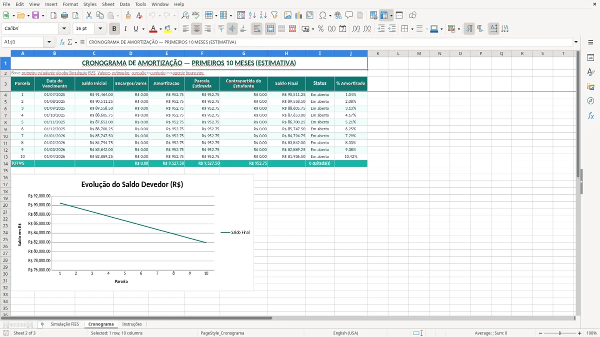 Captura de tela 2: Aba Cronograma - Planilha Excel planilha financiamento estudantil fies