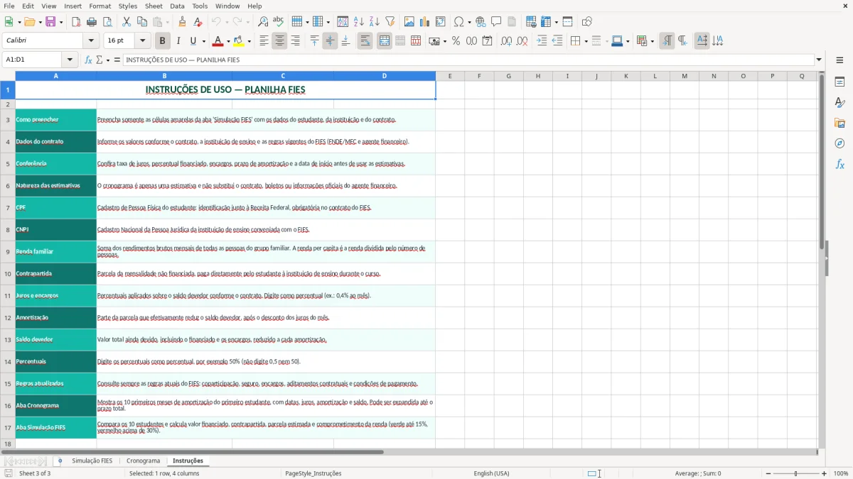 Captura de tela 3: Aba Instruções - Planilha Excel planilha financiamento estudantil fies