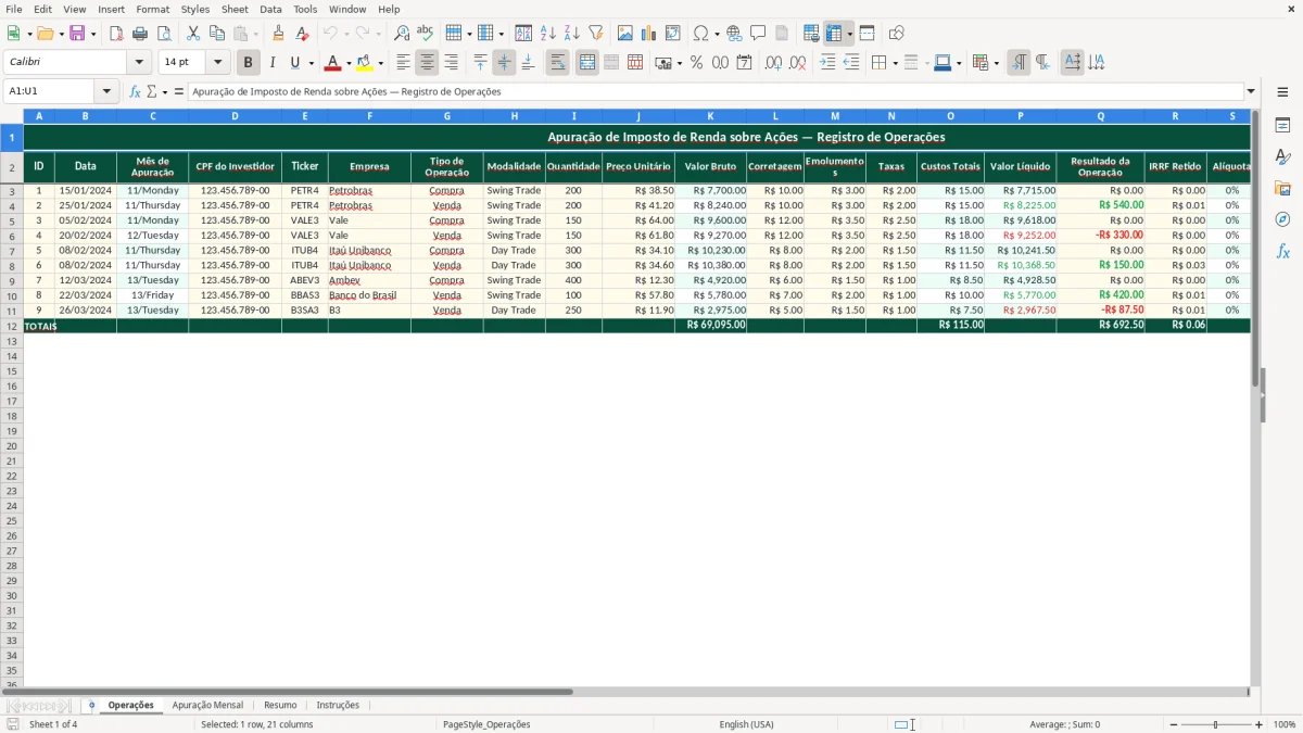 Captura de tela 1: Aba Operações - Planilha Excel planilha imposto de renda acoes