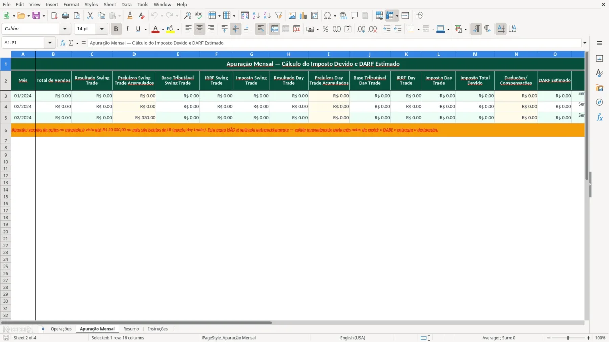 Captura de tela 2: Aba Apuração Mensal - Planilha Excel planilha imposto de renda acoes