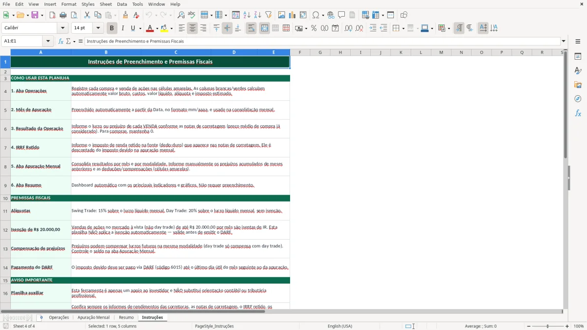 Captura de tela 4: Aba Instruções - Planilha Excel planilha imposto de renda acoes