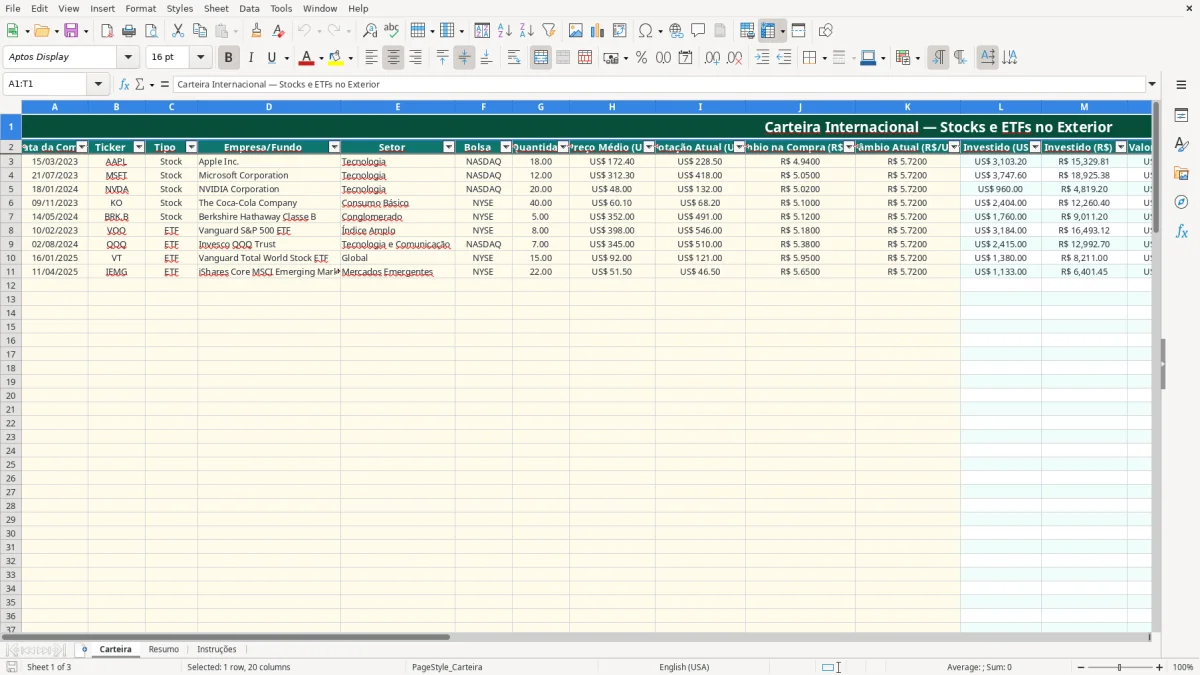 Captura de tela 1: Aba Carteira - Planilha Excel planilha stocks e etf exterior