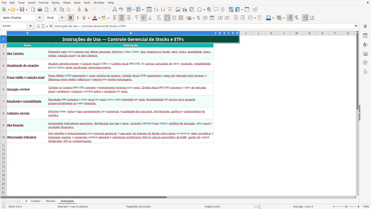Captura de tela 3: Aba Instruções - Planilha Excel planilha stocks e etf exterior