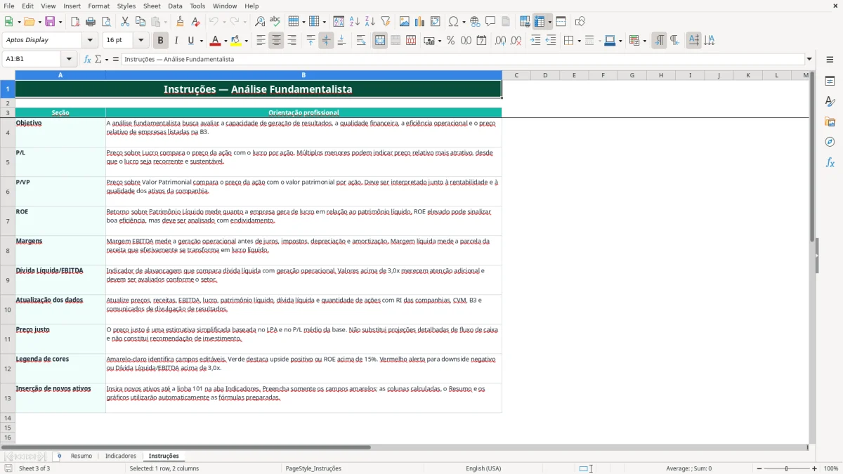 Captura de tela 3: Aba Instruções - Planilha Excel planilha analise fundamentalista