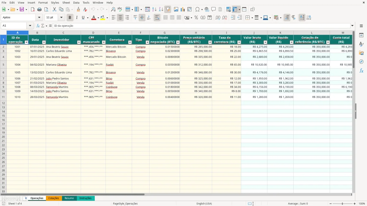 Captura de tela 1: Aba Operações - Planilha Excel planilha bitcoin controle