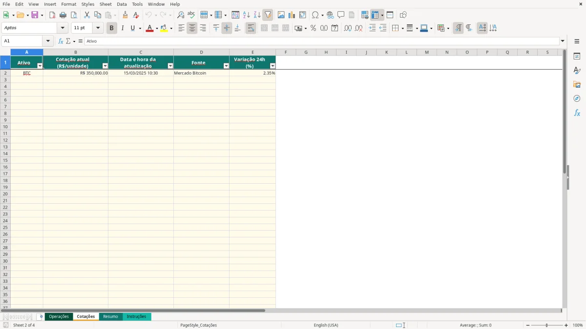 Captura de tela 2: Aba Cotações - Planilha Excel planilha bitcoin controle