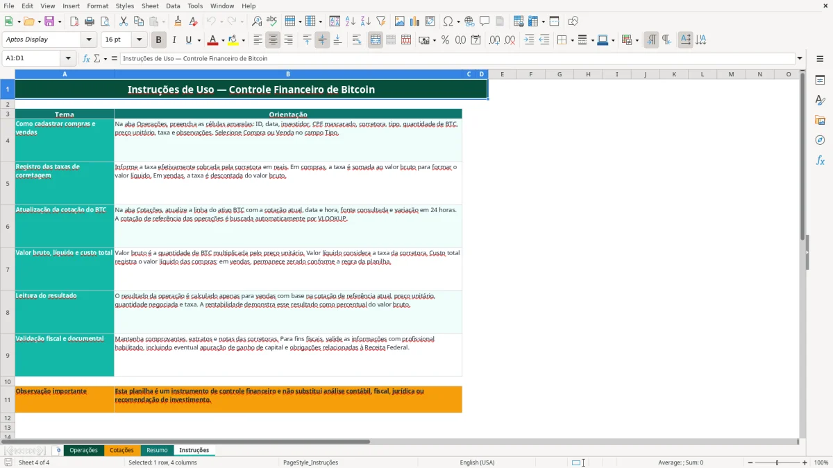 Captura de tela 4: Aba Instruções - Planilha Excel planilha bitcoin controle