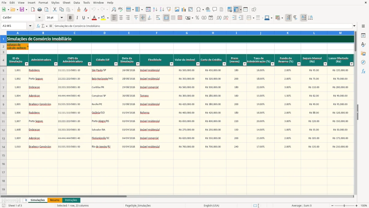 Captura de tela 1: Aba Simulações - Planilha Excel planilha consorcio de imovel