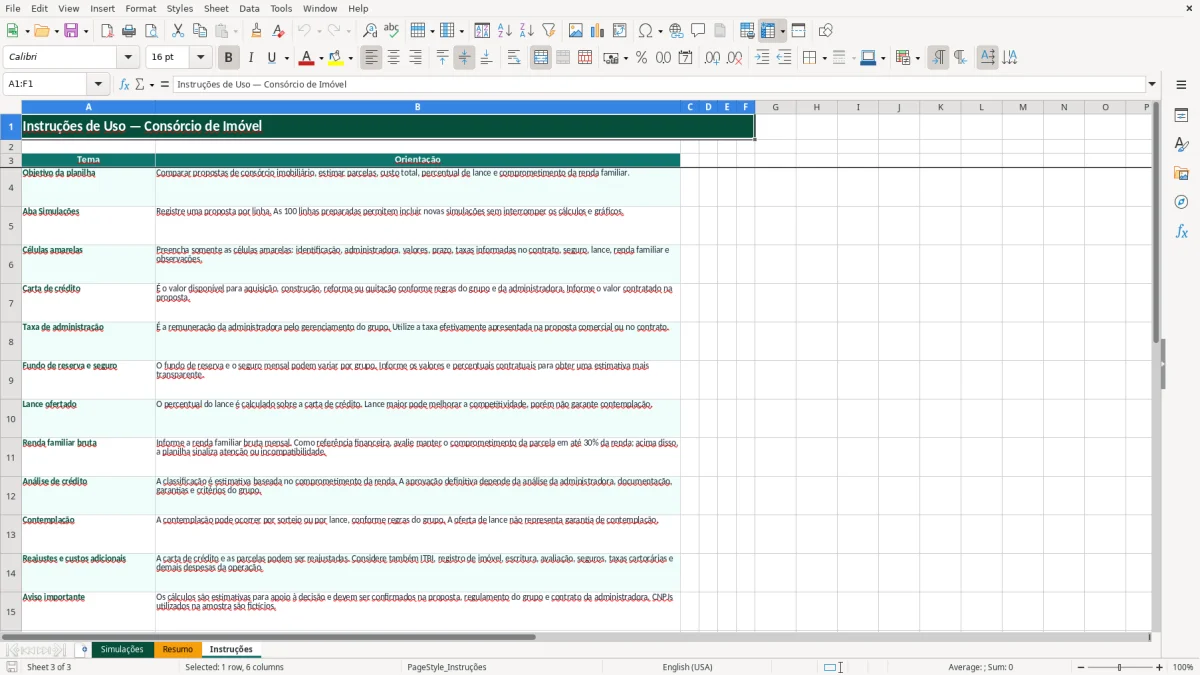 Captura de tela 3: Aba Instruções - Planilha Excel planilha consorcio de imovel