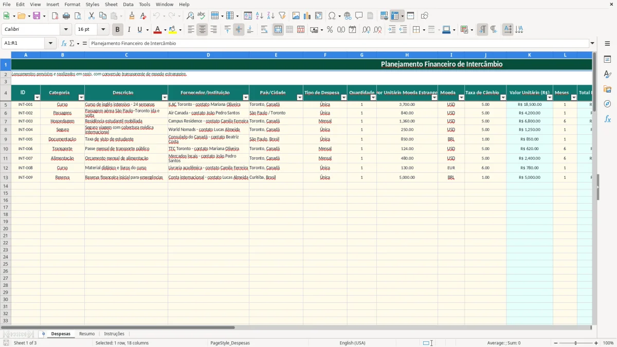 Captura de tela 1: Aba Despesas - Planilha Excel planilha custo intercambio