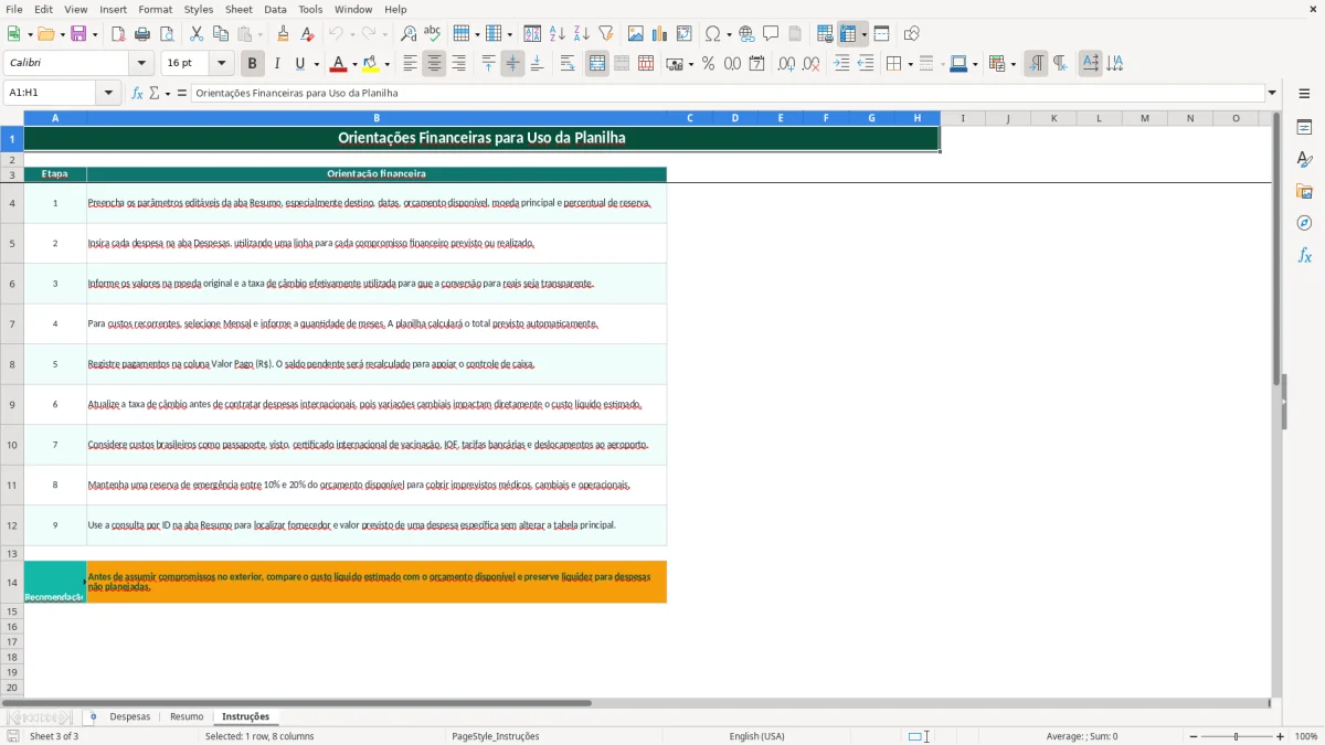 Captura de tela 3: Aba Instruções - Planilha Excel planilha custo intercambio