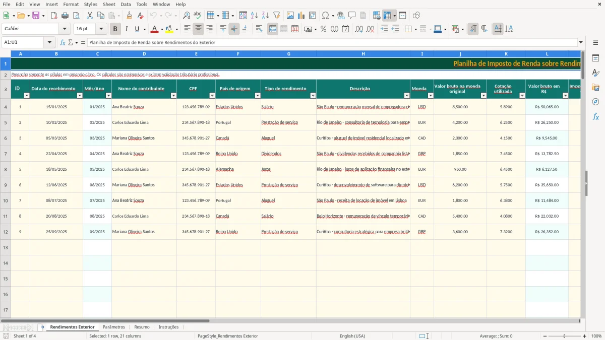 Captura de tela 1: Aba Rendimentos Exterior - Planilha Excel planilha imposto de renda exterior