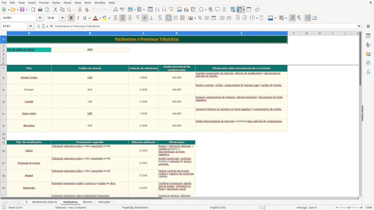 Captura de tela 2: Aba Parâmetros - Planilha Excel planilha imposto de renda exterior