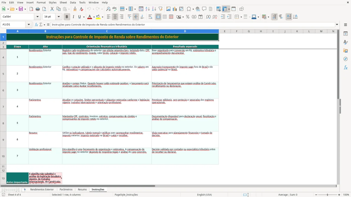 Captura de tela 4: Aba Instruções - Planilha Excel planilha imposto de renda exterior