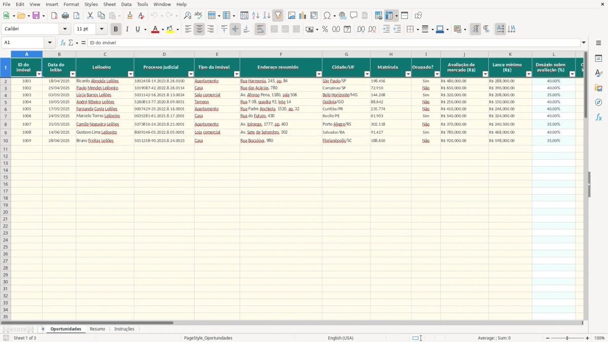Captura de tela 1: Aba Oportunidades - Planilha Excel planilha leilao de imoveis