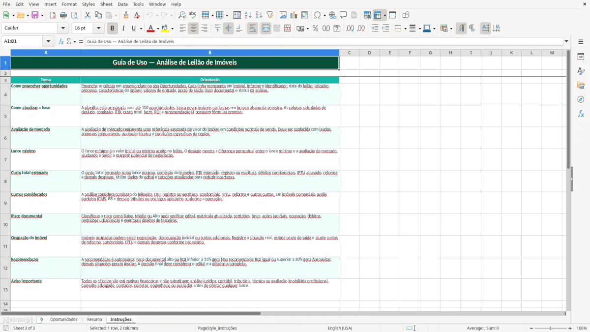 Captura de tela 3: Aba Instruções - Planilha Excel planilha leilao de imoveis