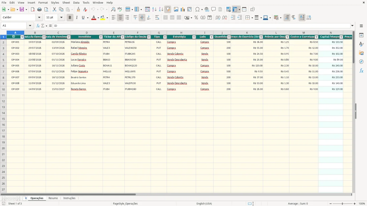 Captura de tela 1: Aba Operações - Planilha Excel planilha opcoes de acoes