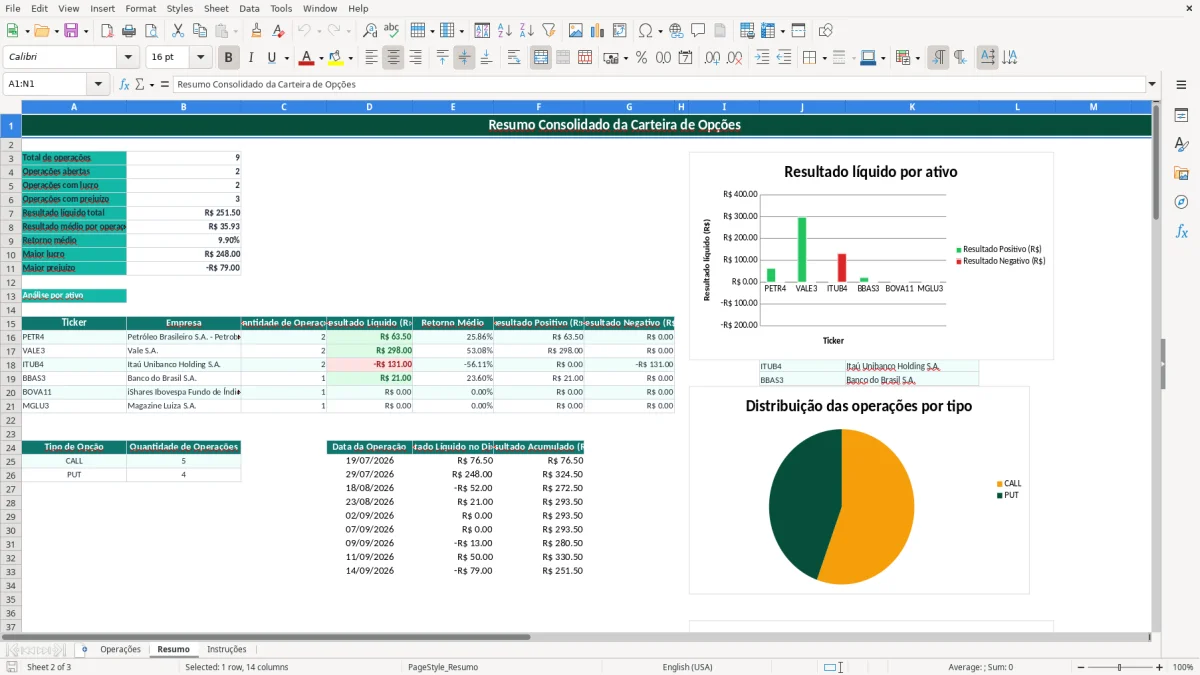 Captura de tela 2: Aba Resumo - Planilha Excel planilha opcoes de acoes