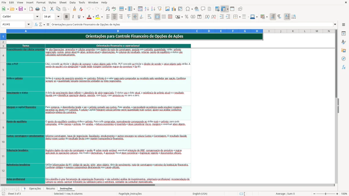 Captura de tela 3: Aba Instruções - Planilha Excel planilha opcoes de acoes