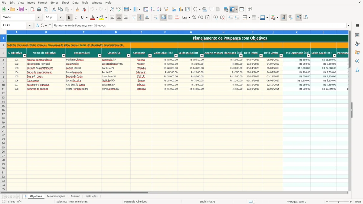 Captura de tela 1: Aba Objetivos - Planilha Excel planilha poupanca com objetivo