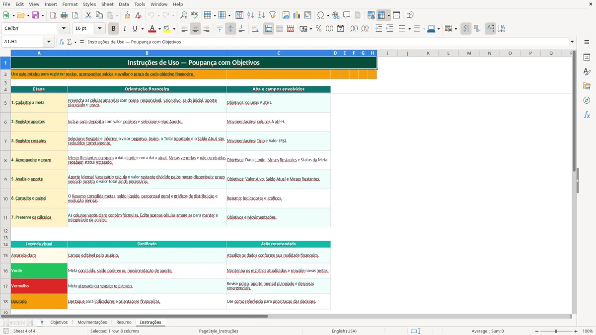 Captura de tela 4: Aba Instruções - Planilha Excel planilha poupanca com objetivo