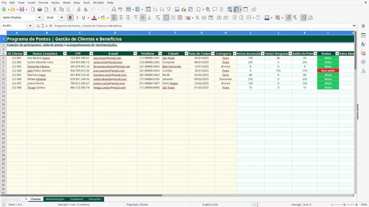 Captura de tela 1: Aba Clientes - Planilha Excel planilha programa de pontos