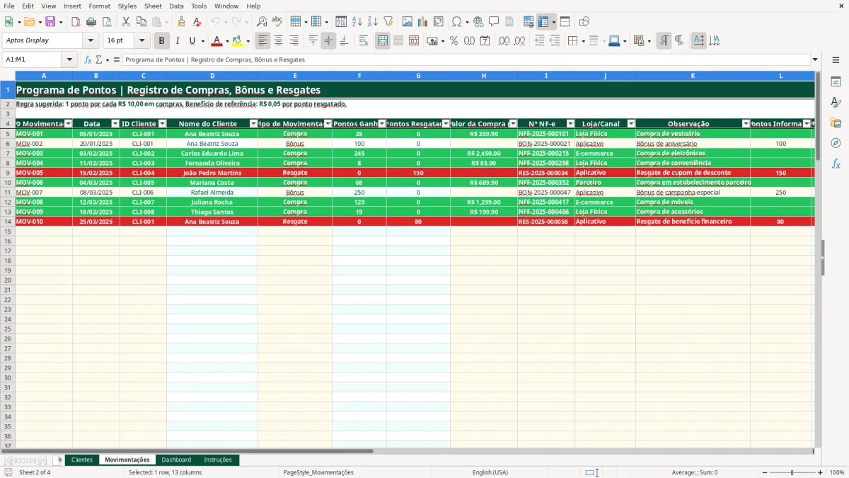 Captura de tela 2: Aba Movimentações - Planilha Excel planilha programa de pontos