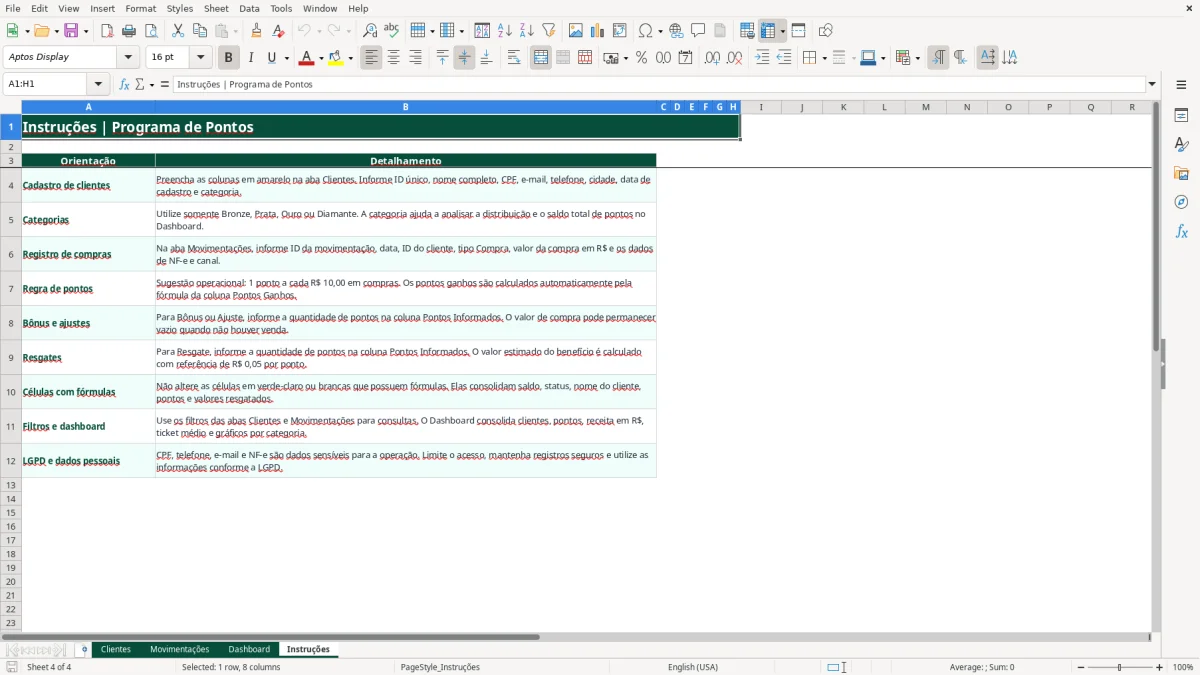 Captura de tela 4: Aba Instruções - Planilha Excel planilha programa de pontos