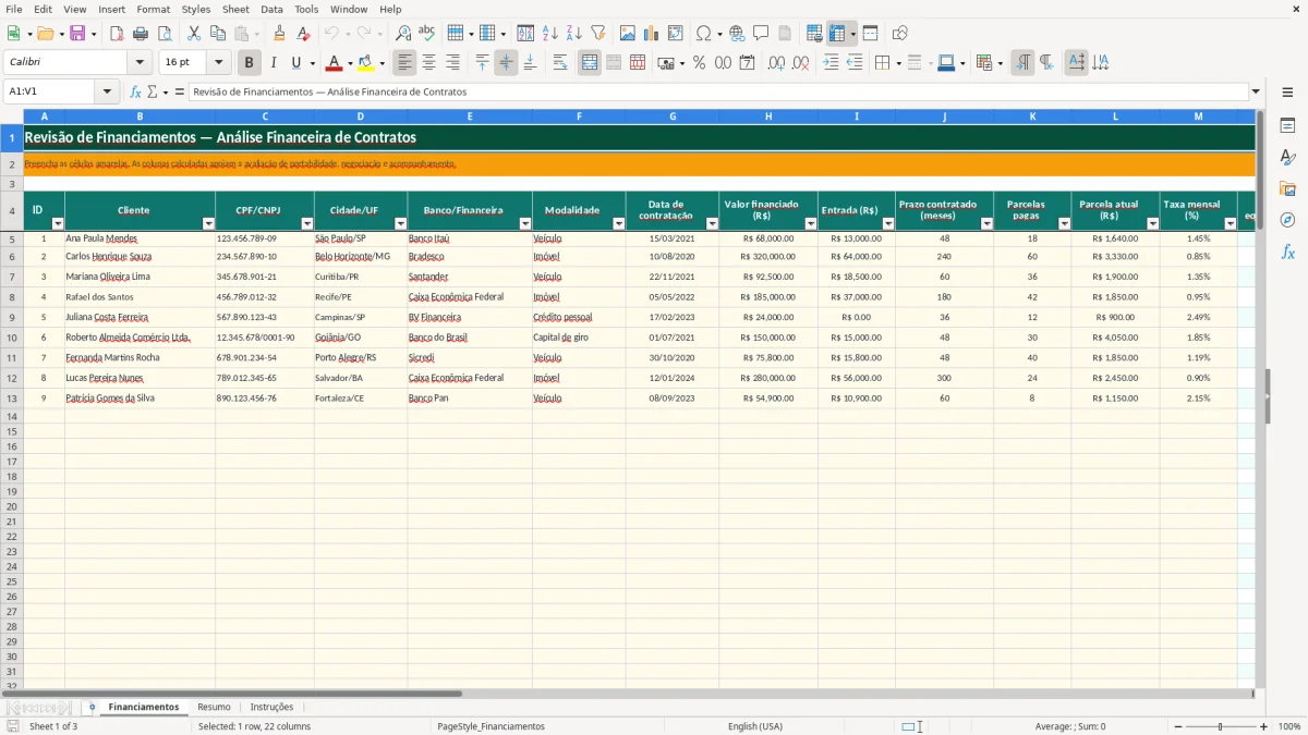 Captura de tela 1: Aba Financiamentos - Planilha Excel planilha revisao de financiamento